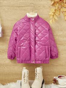 SHEIN Young Girl Zip Up Quilted PU Leather Jacket,In Fall/Winter - Hot Pink - View 1