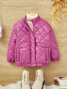 SHEIN Young Girl Zip Up Quilted PU Leather Jacket,In Fall/Winter - Hot Pink - View 5