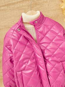 SHEIN Young Girl Zip Up Quilted PU Leather Jacket,In Fall/Winter - Hot Pink - View 6