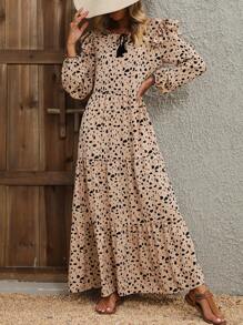 SHEIN VCAY Dalmatian Print Ruffle Hem Dress - Khaki - View 1