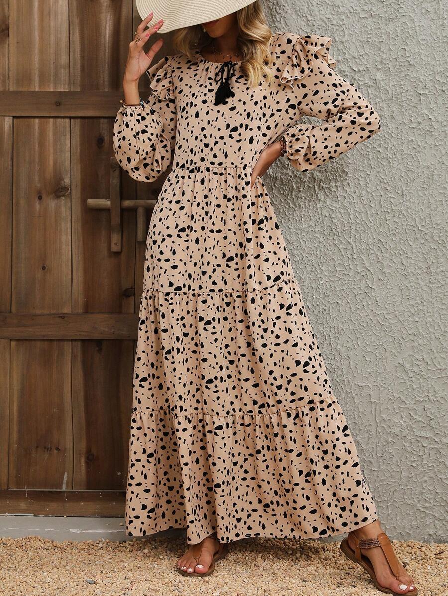 SHEIN VCAY Dalmatian Print Ruffle Hem Dress - Khaki - View 1