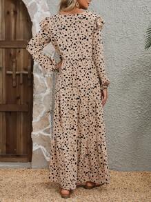 SHEIN VCAY Dalmatian Print Ruffle Hem Dress - Khaki - View 2