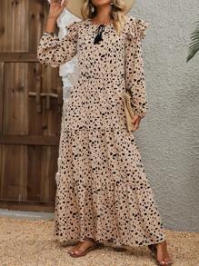 SHEIN VCAY Dalmatian Print Ruffle Hem Dress - Khaki - View 5