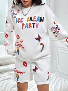 SHEIN Unity 2 件套女士休闲字母图案落肩运动衫和短裤套装，秋季 - 白色 - 查看 3