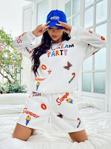 SHEIN Unity 2 件套女士休闲字母图案落肩运动衫和短裤套装，秋季 - 白色 - 查看 4