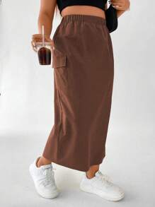 Flirla Plus Flap Pocket Side Split Hem Skirt - Brown - View 1
