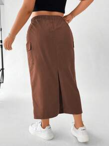 Flirla Plus Flap Pocket Side Split Hem Skirt - Brown - View 2