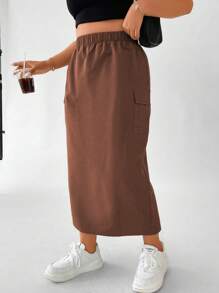Flirla Plus Flap Pocket Side Split Hem Skirt - Brown - View 3