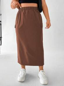 Flirla Plus Flap Pocket Side Split Hem Skirt - Brown - View 4