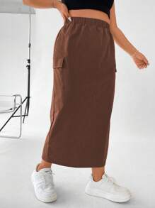 Flirla Plus Flap Pocket Side Split Hem Skirt - Brown - View 5