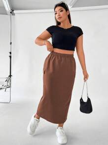 Flirla Plus Flap Pocket Side Split Hem Skirt - Brown - View 6