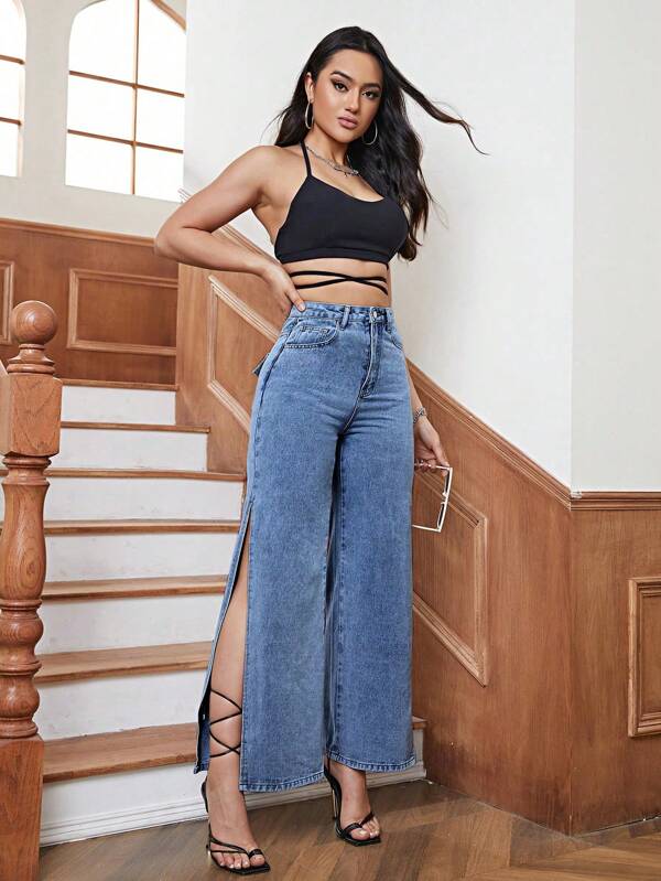 SHEIN Essnce Jeans de talle alto de muslo con abertura de pierna ancha