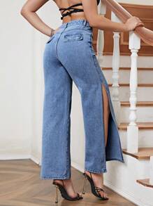SHEIN Essnce High Waist Split Thigh Wide Leg Jeans - Medium Wash - View 2