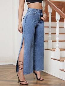 SHEIN Essnce High Waist Split Thigh Wide Leg Jeans - Medium Wash - View 3