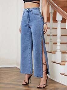 SHEIN Essnce High Waist Split Thigh Wide Leg Jeans - Medium Wash - View 4