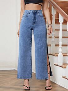 SHEIN Essnce High Waist Split Thigh Wide Leg Jeans - Medium Wash - View 5