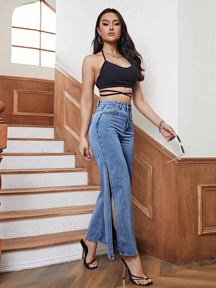 SHEIN Essnce High Waist Split Thigh Wide Leg Jeans - Medium Wash - View 6