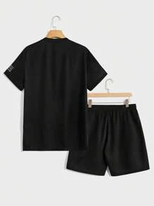Mainfolk 男士休闲标语印花T恤短裤套装，夏季 - 黑色 - 查看 2