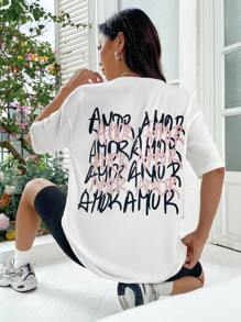 SHEIN Unity 字母圖案落肩T恤 - 白色 - 查看 2