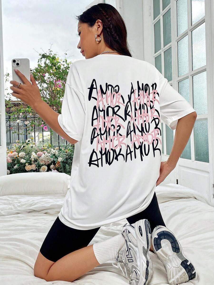 SHEIN Unity 字母圖案落肩T恤 - 白色 - 查看 1