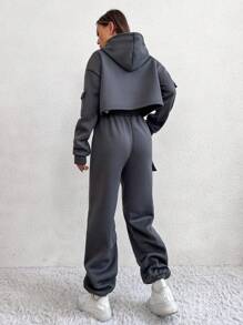 SHEIN Unity Drop Shoulder Drawstring Crop Hoodie & Flap Pocket Side Joggers - Grey - View 2