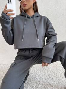 SHEIN Unity Drop Shoulder Drawstring Crop Hoodie & Flap Pocket Side Joggers - Grey - View 1
