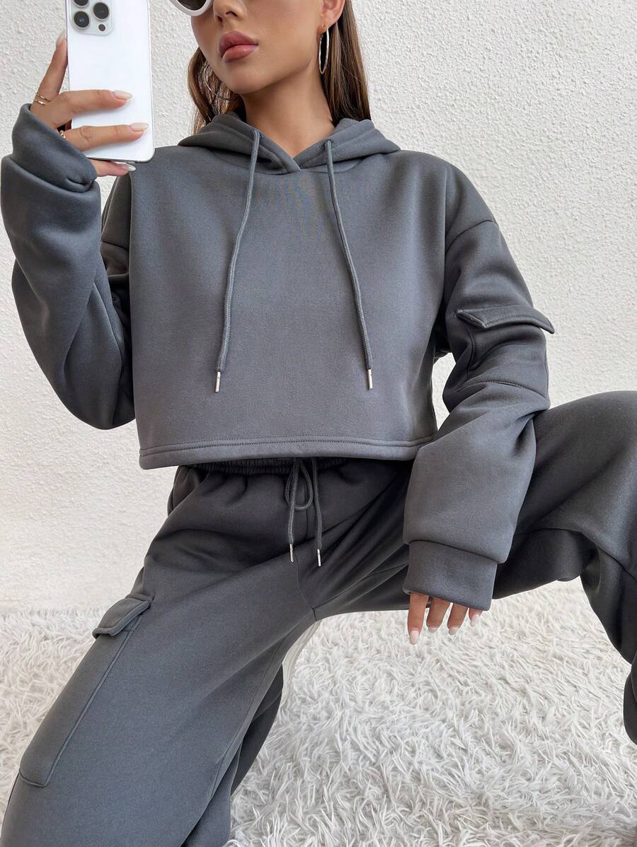 SHEIN Unity Drop Shoulder Drawstring Crop Hoodie & Flap Pocket Side Joggers - Grey - View 1