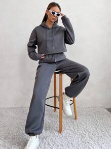 SHEIN Unity Drop Shoulder Drawstring Crop Hoodie & Flap Pocket Side Joggers - Grey - View 6