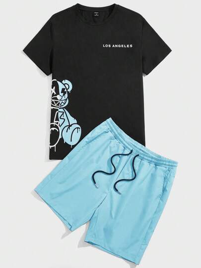 Guys Bear & Letter Graphic Tee & Drawstring Waist Shorts