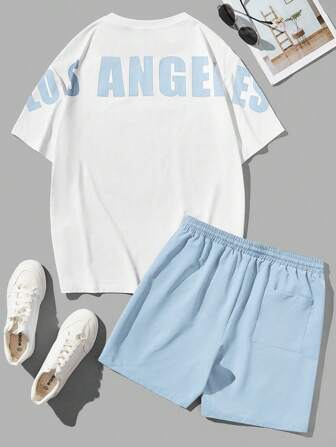 Guys Letter Graphic Tee & Drawstring Waist Shorts