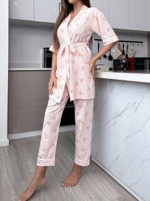Cherry Print Belted PJ Set / Pajama Set