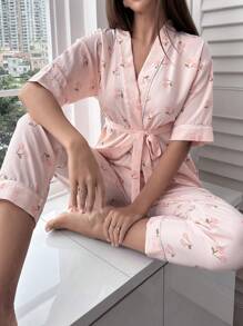Cherry Print Belted PJ Set / Pajama Set
