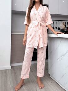 Cherry Print Belted PJ Set / Pajama Set