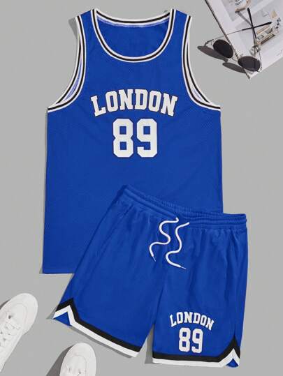 Guys Letter Graphic Contrast Trim Basketball Jersey Set
