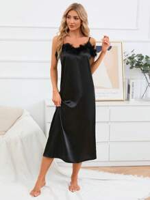 Fuzzy Trim Satin Cami Nightdress - Black - View 1