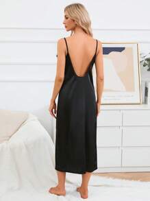 Fuzzy Trim Satin Cami Nightdress - Black - View 2