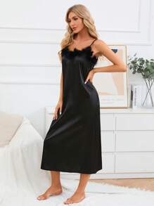 Fuzzy Trim Satin Cami Nightdress - Black - View 4
