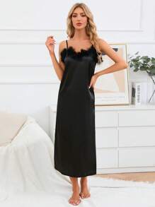 Fuzzy Trim Satin Cami Nightdress - Black - View 6