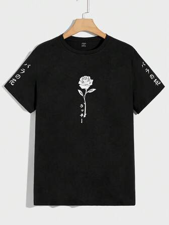 GENTILAND تي شيرت بطباعة أزهار & بجرافيك عبارة يابانية للرجال