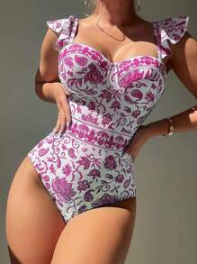 Floral Print Ruffle Trim Push Up One Piece Swimsuit - Hot Pink - View 1