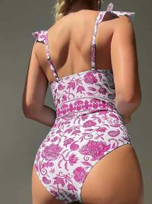 Floral Print Ruffle Trim Push Up One Piece Swimsuit - Hot Pink - View 2