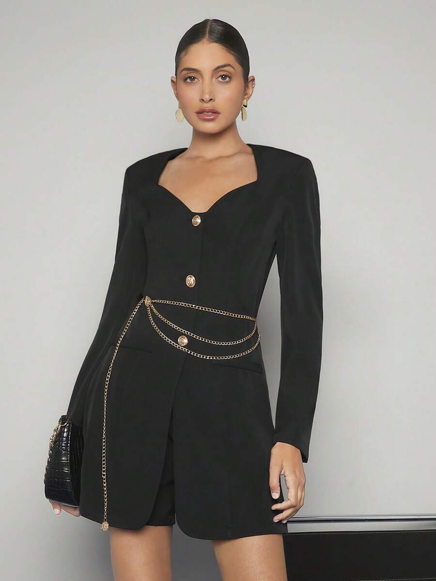 BizChic Sweetheart Neck Button Front Shirt Romper Without Chain - Black - View 1