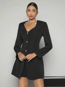 BizChic Sweetheart Neck Button Front Shirt Romper Without Chain - Black - View 3