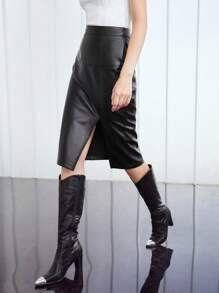 MOTF PREMIUM KNEE-LENGTH PU LEATHER SKIRT - Black - View 9