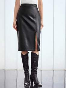 MOTF PREMIUM KNEE-LENGTH PU LEATHER SKIRT - Black - View 5
