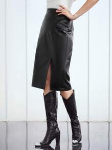 MOTF PREMIUM KNEE-LENGTH PU LEATHER SKIRT - Black - View 6