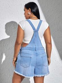 SHEIN EZwear Plus Ripped Raw Hem Denim Dungaree Romper Without Tee - Light Wash - View 2