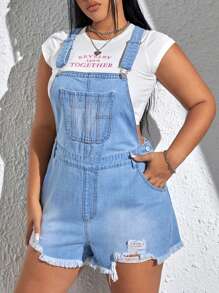 SHEIN EZwear Plus Ripped Raw Hem Denim Dungaree Romper Without Tee - Light Wash - View 4