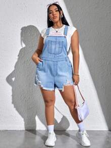 SHEIN EZwear Plus Ripped Raw Hem Denim Dungaree Romper Without Tee - Light Wash - View 5