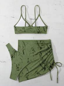 Swim SXY Women's Summer Beach Tie-Dye Circular Ring Linked Sexy Bikini 3-Piece Set (Swimsuit, Cover-Up, Skirt, Print Random) - Army Green - View 4